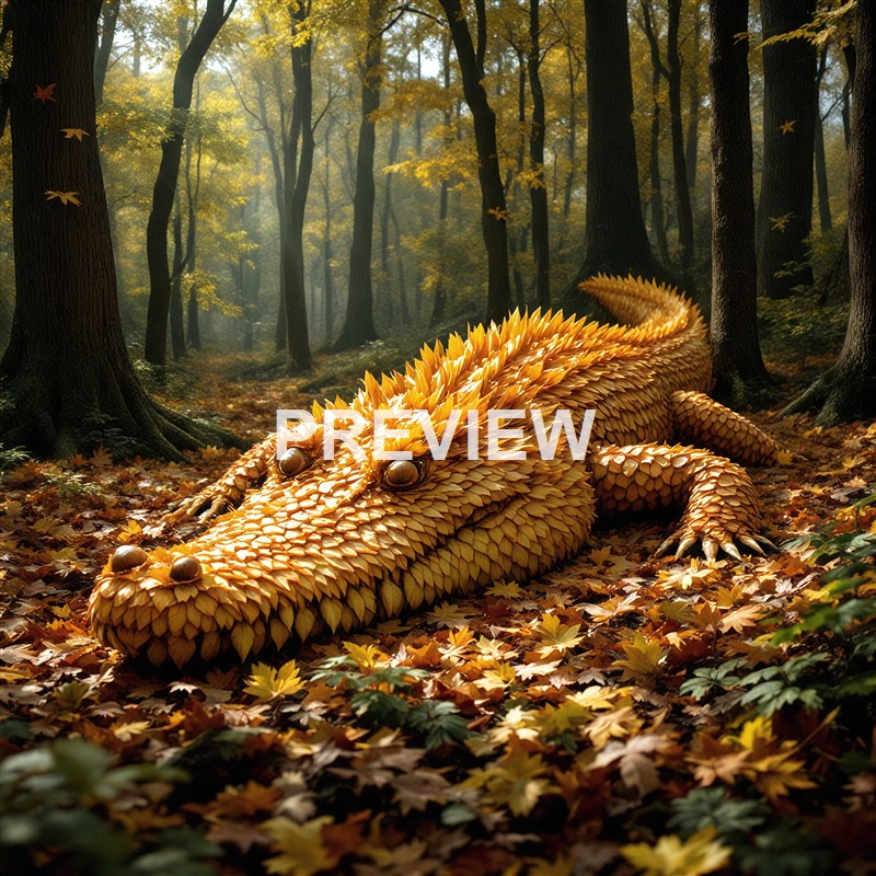 A large, mythical-looking creature resembling a crocodile with a body covered in golden, leaf-like scales is lying on a bed of autumn leaves in a dense forest with tall trees and sunlight filtering through the foliage.